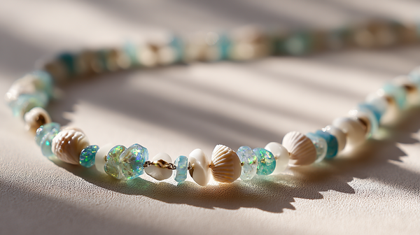 Close-up of a beaded necklace with iridescent aqua opal beads, white shell accents, and a small gold link in warm sunlight.