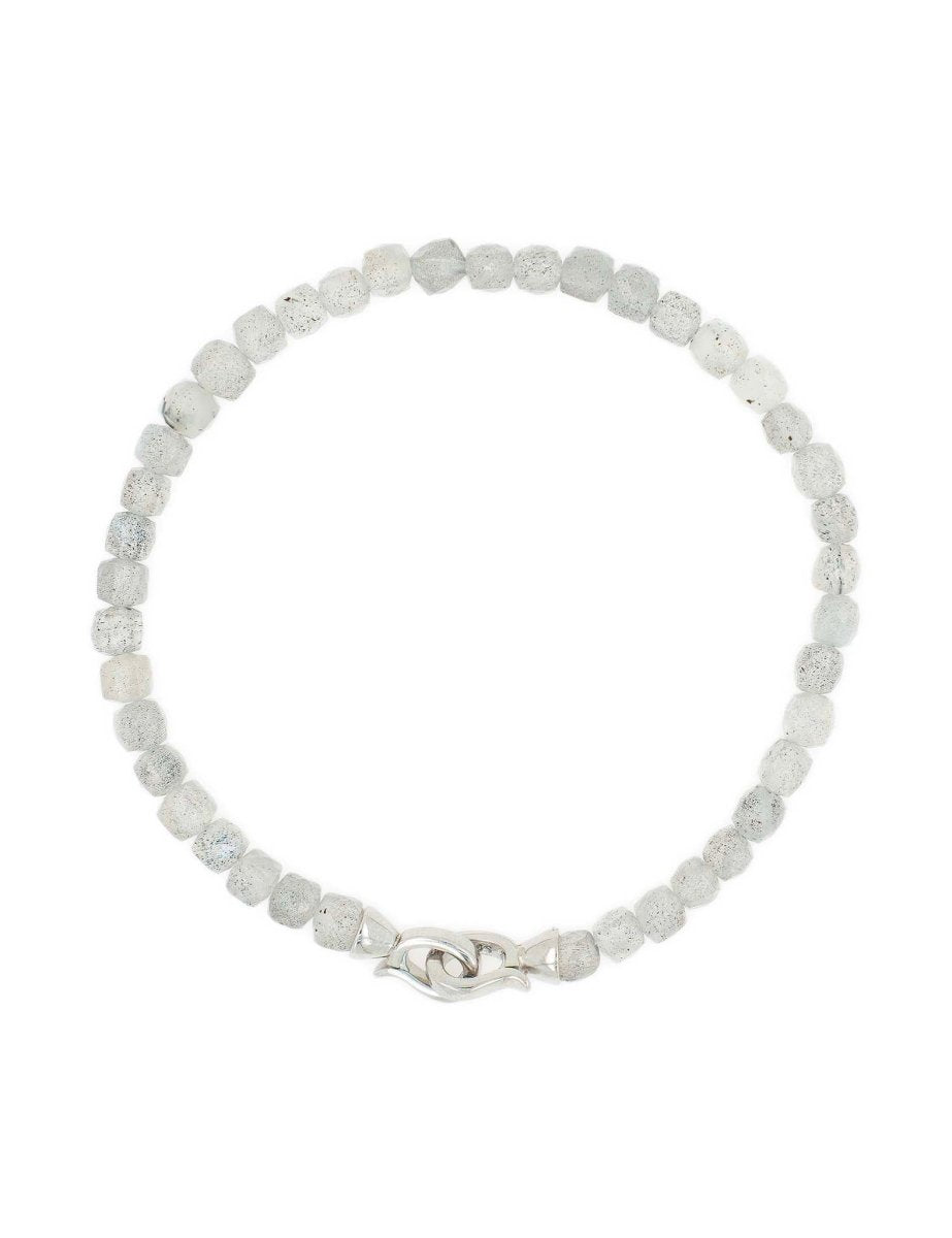 Close-up of 4mm grey moonstone beads with sterling silver finish – BEAMMORE craftsmanship