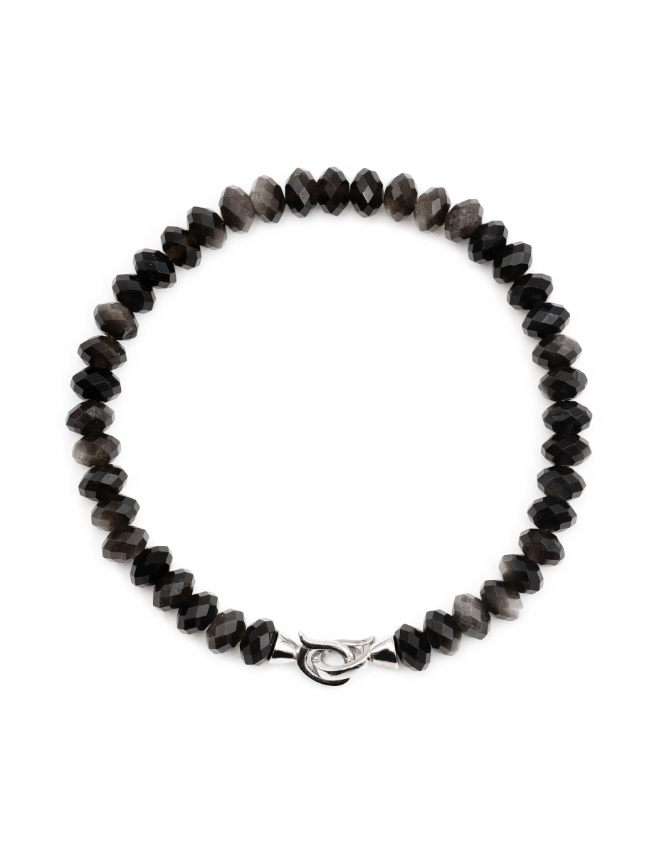 Protection Silver Obsidian Bracelet 4x6mm for men, featuring faceted beads and a sterling silver clasp.