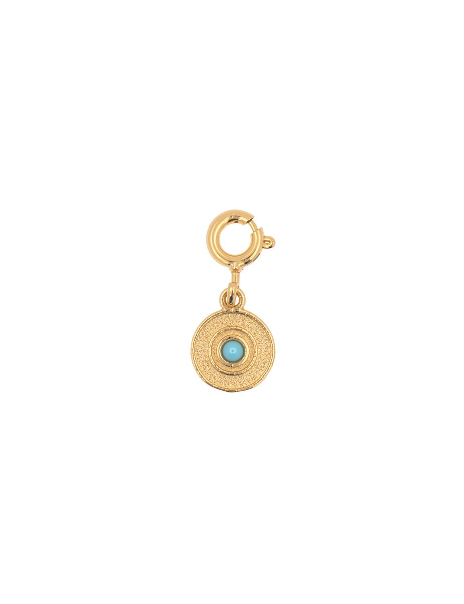 Wealth Queen Coin charm featuring a gold design and a turquoise bead for prosperity and abundance.
