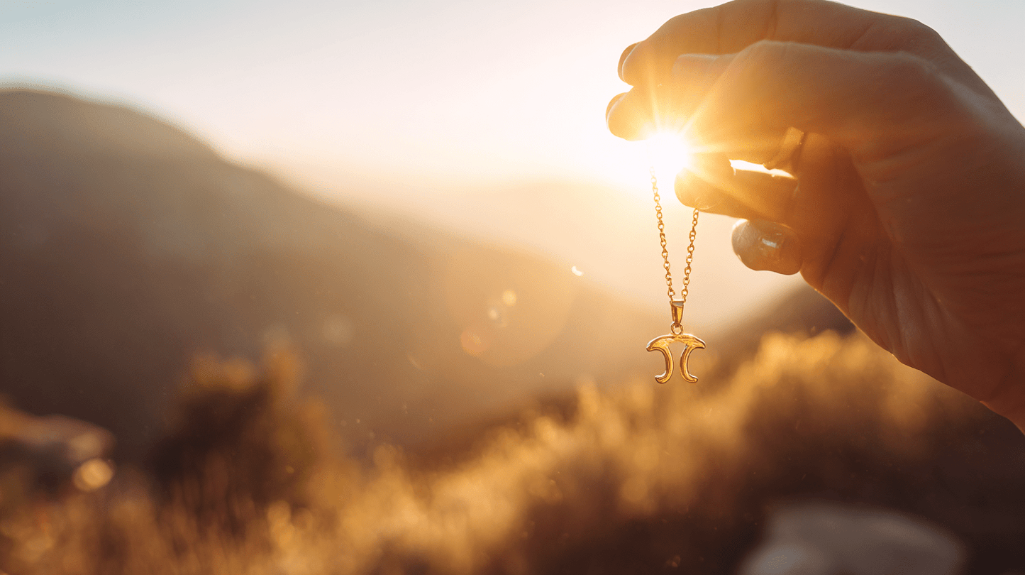 A close‐up of a hand (face out of frame) holding a delicate gold Aries zodiac pendant necklace against a softly blurred mountain landscape at sunrise, with warm golden‐hour light flaring through the chain.