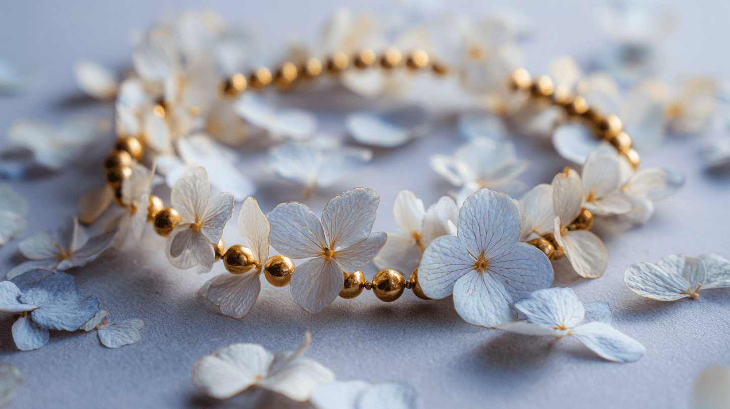 A gold bead bracelet arranged in a loose circle on a pale lavender-gray surface, surrounded by scattered white hydrangea petals, softly lit to accentuate the warm metallic sheen of the beads.