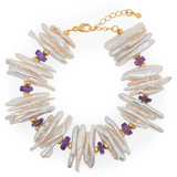 AURA DUO Amethyst Biwa-Style Stick Pearl Bracelet with Spacer Beads