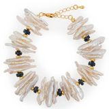 AURA DUO Black Opal Biwa-Style Stick Pearl Bracelet with Spacer Beads