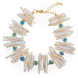 AURA DUO Blue Apatite Biwa-Style Stick Pearl Bracelet with Spacer Beads