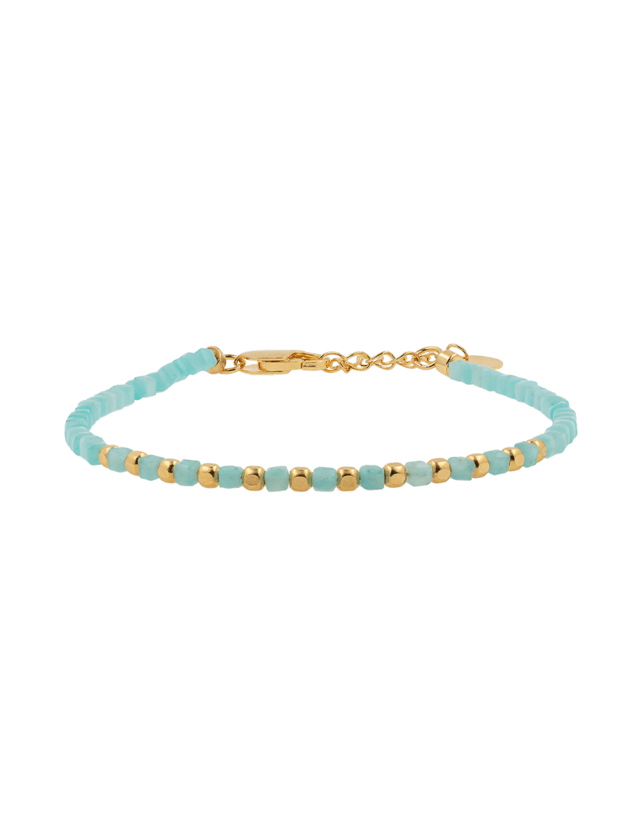 Amazonite faceted dainty bracelet with gold-plated S925 beads, featuring a calming design for layered or solo wear.
