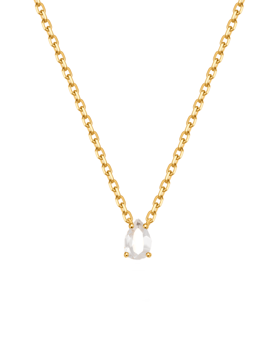 Gold-plated S925 sterling silver necklace featuring a pear-cut white topaz pendant, symbolizing clarity and purity.