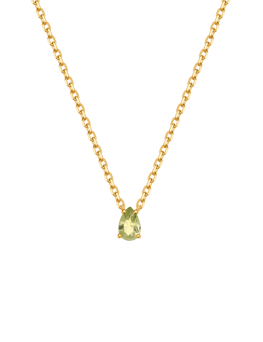 August peridot birthstone necklace in gold-plated S925 sterling silver with a pear-cut stone.