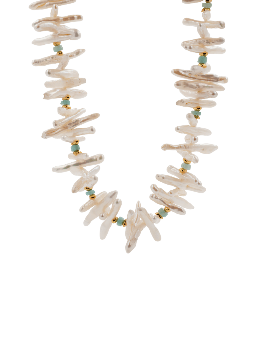 AURA DUO Amazonite Biwa-style stick pearl necklace with gold spacer beads, showcasing calming elegance and refined design.