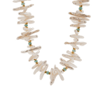 AURA DUO Amazonite Biwa-style stick pearl necklace with gold spacer beads, showcasing calming elegance and refined design.