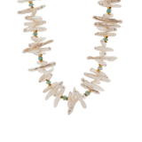 AURA DUO Amazonite Biwa-style stick pearl necklace with gold spacer beads, showcasing calming elegance and refined design.