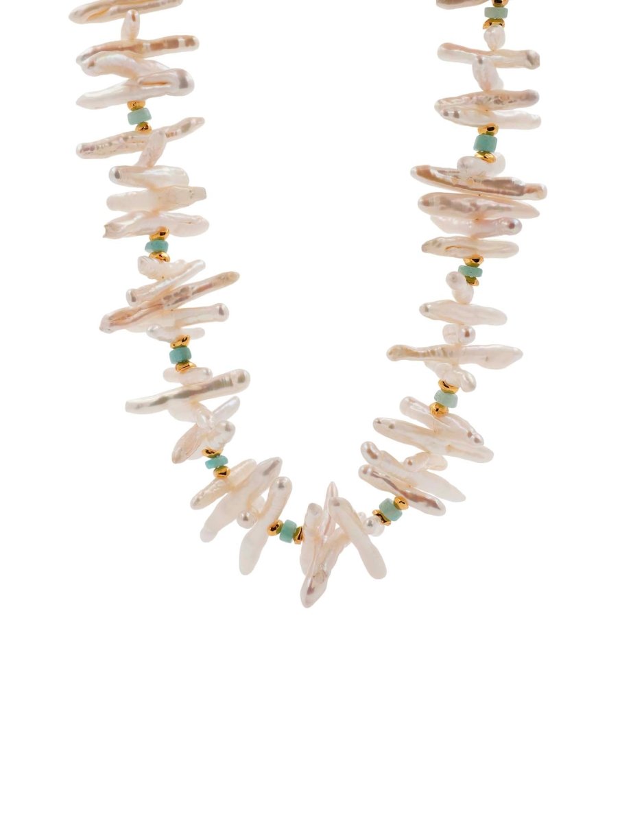 BEAMMORE Amazonite & Biwa Pearl Beaded Gold-Plated Sterling Silver Necklace – Beaded Gemstone Jewelry