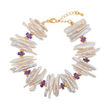 AURA DUO Amethyst Biwa-Style Stick Pearl Bracelet with Spacer Beads