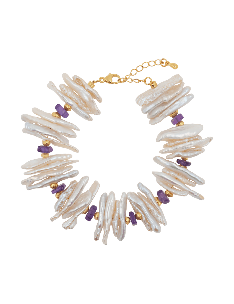 AURA DUO Amethyst Biwa Pearl Bracelet featuring Biwa pearls and amethyst beads, promoting spiritual clarity and emotional calm.