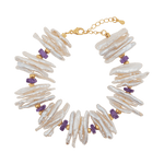 AURA DUO Amethyst Biwa Pearl Bracelet featuring Biwa pearls and amethyst beads, promoting spiritual clarity and emotional calm.