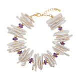 AURA DUO Amethyst Biwa Pearl Bracelet featuring Biwa pearls and amethyst beads, promoting spiritual clarity and emotional calm.