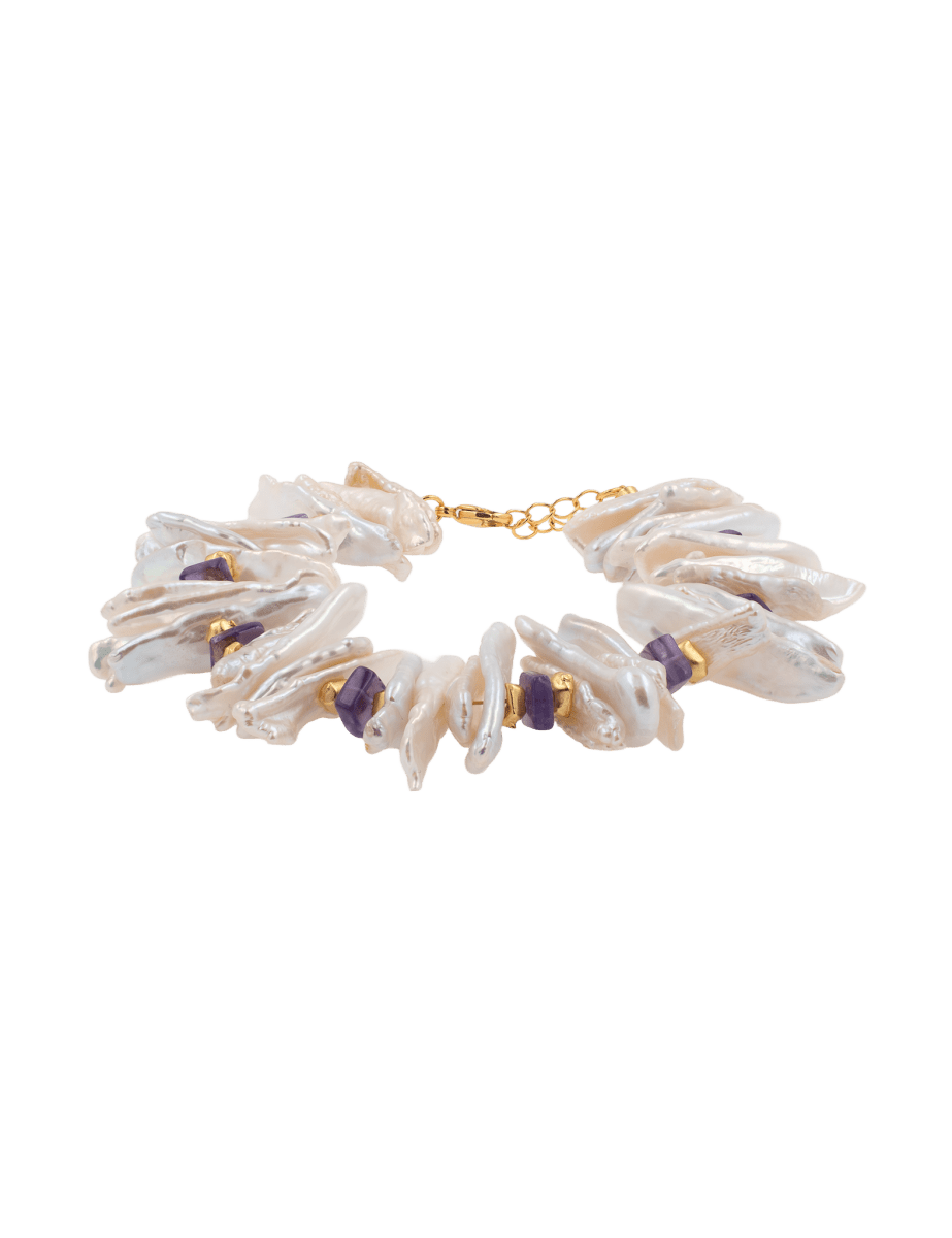 AURA DUO Amethyst Biwa-Style Stick Pearl Bracelet featuring purple amethyst and unique Biwa pearls with spacer beads.