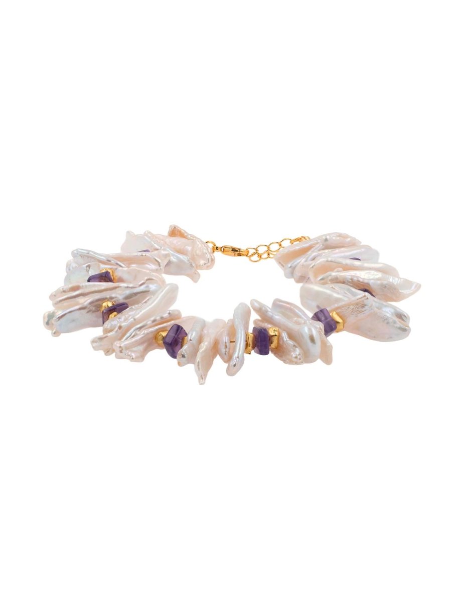 BEAMMORE Amethyst & Biwa Pearl Beaded Gold-Plated Sterling Silver Bracelet – Beaded Gemstone Jewelry