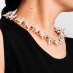 Amethyst Biwa-style stick pearl necklace with 6x6mm faceted beads showcased elegantly on a model.