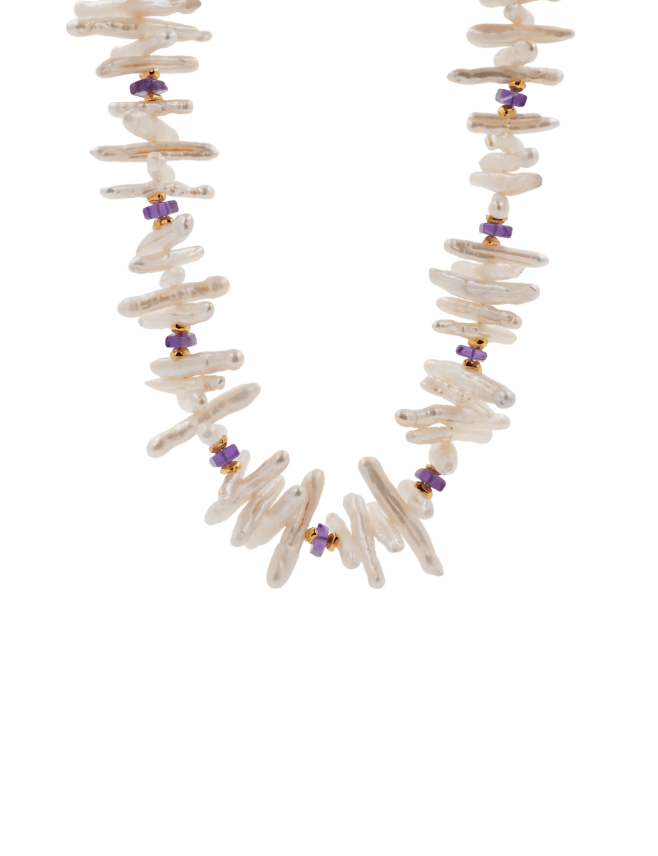 Amethyst Biwa-style stick pearl necklace with faceted 6x6mm beads and gold-plated spacer beads.