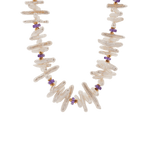 Amethyst Biwa-style stick pearl necklace with faceted 6x6mm beads and gold-plated spacer beads.