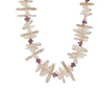 Amethyst Biwa-style stick pearl necklace with faceted 6x6mm beads and gold-plated spacer beads.