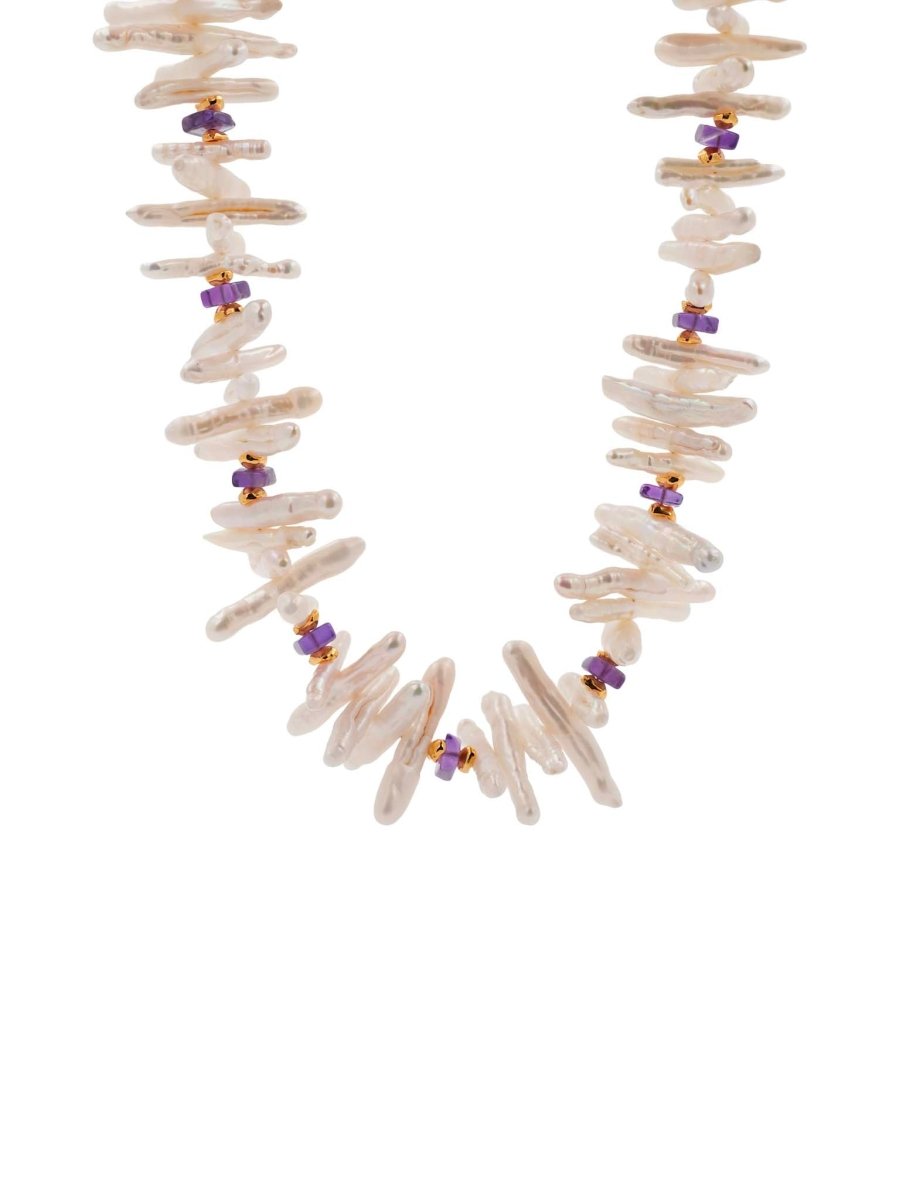 BEAMMORE Amethyst & Biwa Pearl Beaded Gold-Plated Sterling Silver Necklace – Beaded Gemstone Jewelry