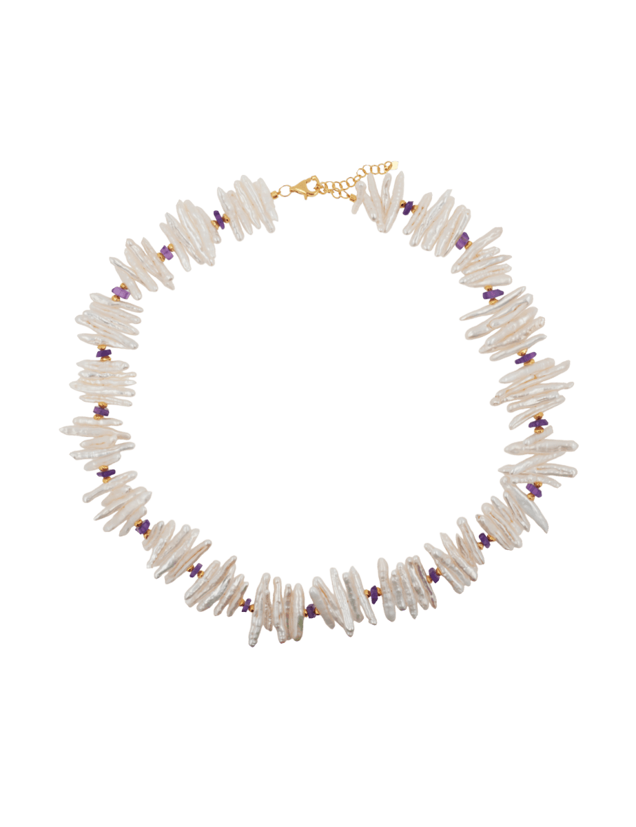 AURA DUO Amethyst Biwa-style stick pearl necklace with 6x6mm amethyst beads and gold-plated spacers.