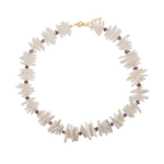 AURA DUO Amethyst Biwa-style stick pearl necklace with 6x6mm amethyst beads and gold-plated spacers.