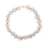 AURA DUO Amethyst Biwa-style stick pearl necklace with 6x6mm amethyst beads and gold-plated spacers.