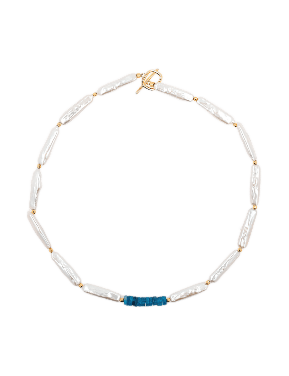 AURA DUO Apatite Cascade Baroque Pearl Necklace featuring apetite and baroque pearls in elegant design.