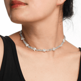 Model wearing AURA DUO Aquamarine Star Pearl Necklace featuring aquamarine beads and star-shaped pearls.
