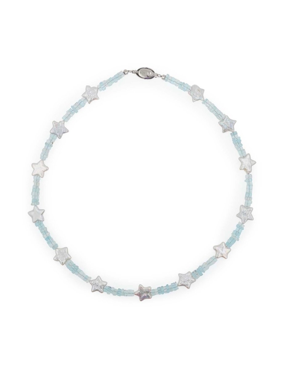BEAMMORE Star-Shaped Pearl & Aquamarine Beaded Gold-Plated Sterling Silver Necklace – Beaded Gemstone Jewelry