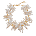 AURA DUO Biwa-style stick pearl bracelet featuring natural Biwa pearls and gold spacer beads, promoting balance and serenity.