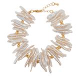 AURA DUO Biwa-style stick pearl bracelet featuring natural Biwa pearls and gold spacer beads, promoting balance and serenity.