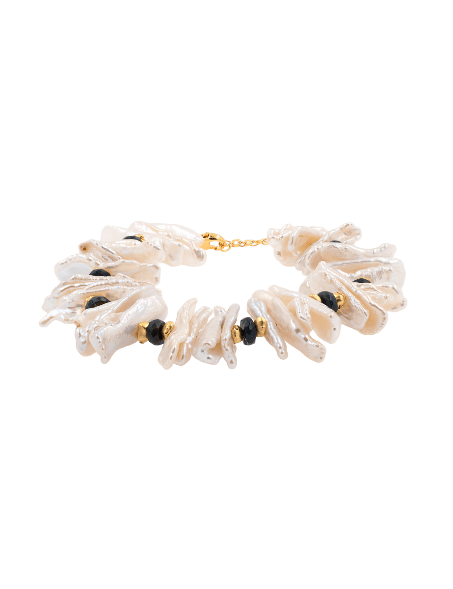 AURA DUO Black Opal Biwa-Style Stick Pearl Bracelet with spacer beads, showcasing elegance and earthy mystique.