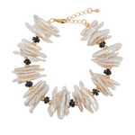 AURA DUO Black Opal Biwa-Style Stick Pearl Bracelet with gold spacer beads and chain closure.