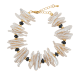 AURA DUO Black Opal Biwa-Style Stick Pearl Bracelet with gold spacer beads and chain closure.