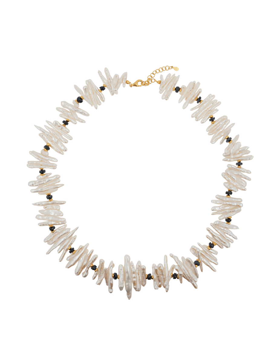 AURA DUO Black Opal Biwa-style stick pearl necklace with gold-plated spacer beads, exuding elegance and charm.