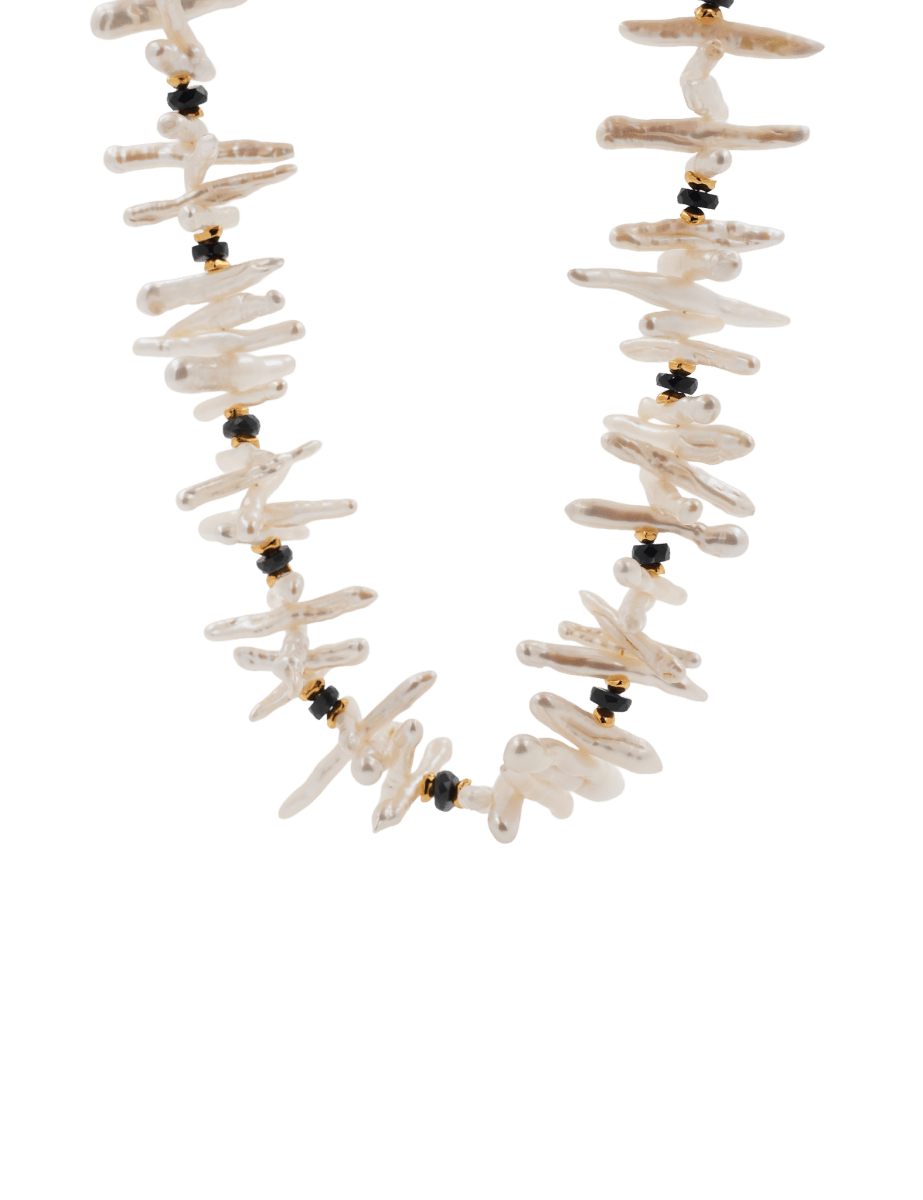AURA DUO Black Opal Biwa-Style Stick Pearl Necklace with 5mm Spacer Beads, showcasing elegance and depth.