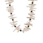 AURA DUO Black Opal Biwa-Style Stick Pearl Necklace with 5mm Spacer Beads, showcasing elegance and depth.
