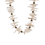 AURA DUO Black Opal Biwa-Style Stick Pearl Necklace with 5mm Spacer Beads, showcasing elegance and depth.