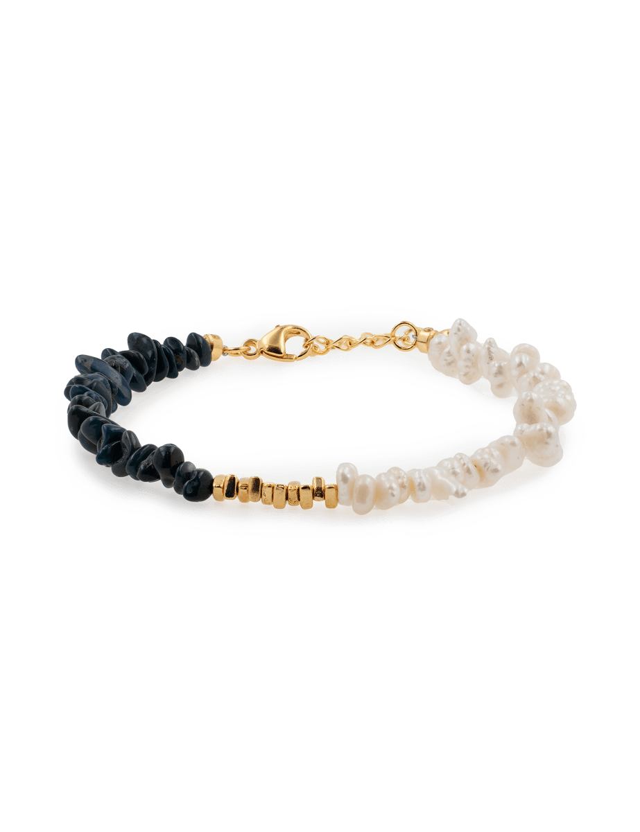 AURA DUO Black Opal Pearl Bracelet showcasing black opal, pearls, and spacer beads for elegance and energy.