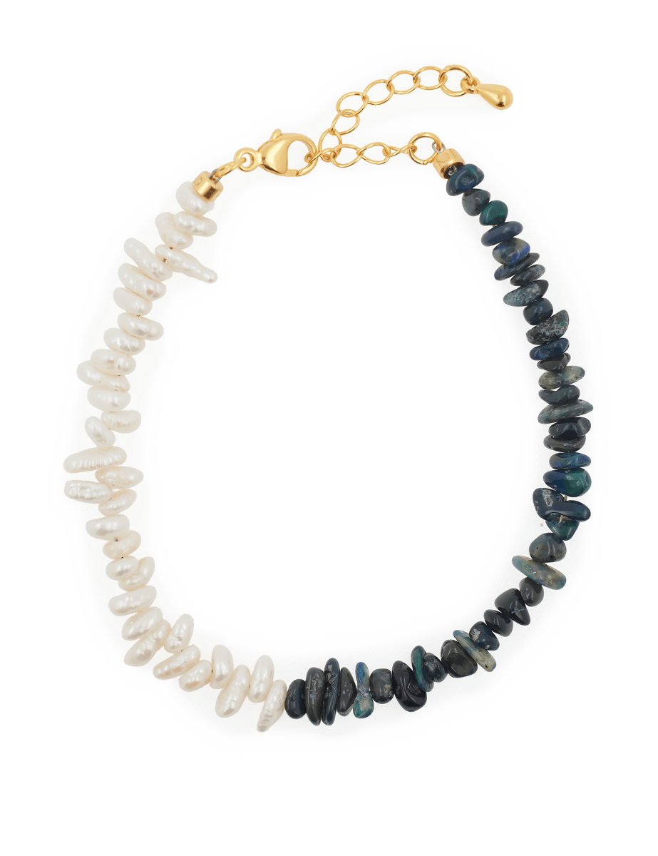 AURA DUO Black Opal Pearl Bracelet featuring a mix of black opal and white pearls, perfect for emotional healing and elegance.