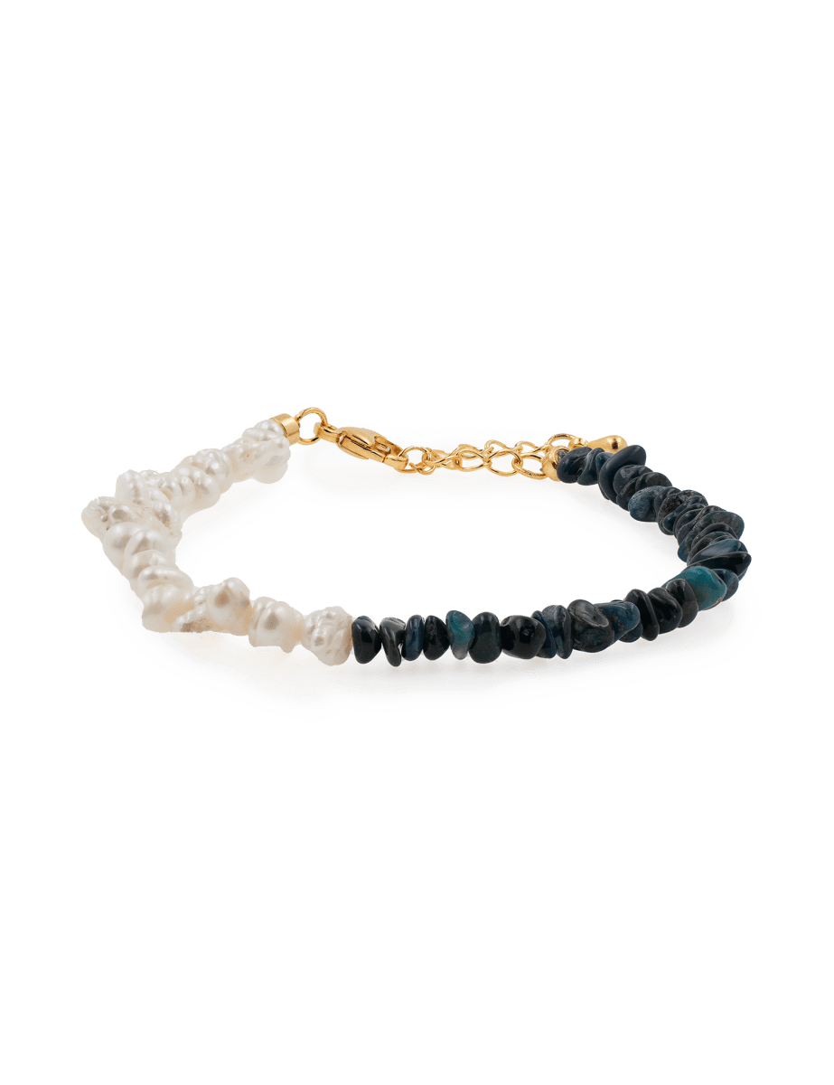 AURA DUO Black Opal Pearl Bracelet featuring iridescent black opals and elegant pearls on a gold chain.