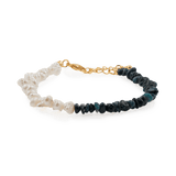 AURA DUO Black Opal Pearl Bracelet featuring iridescent black opals and elegant pearls on a gold chain.