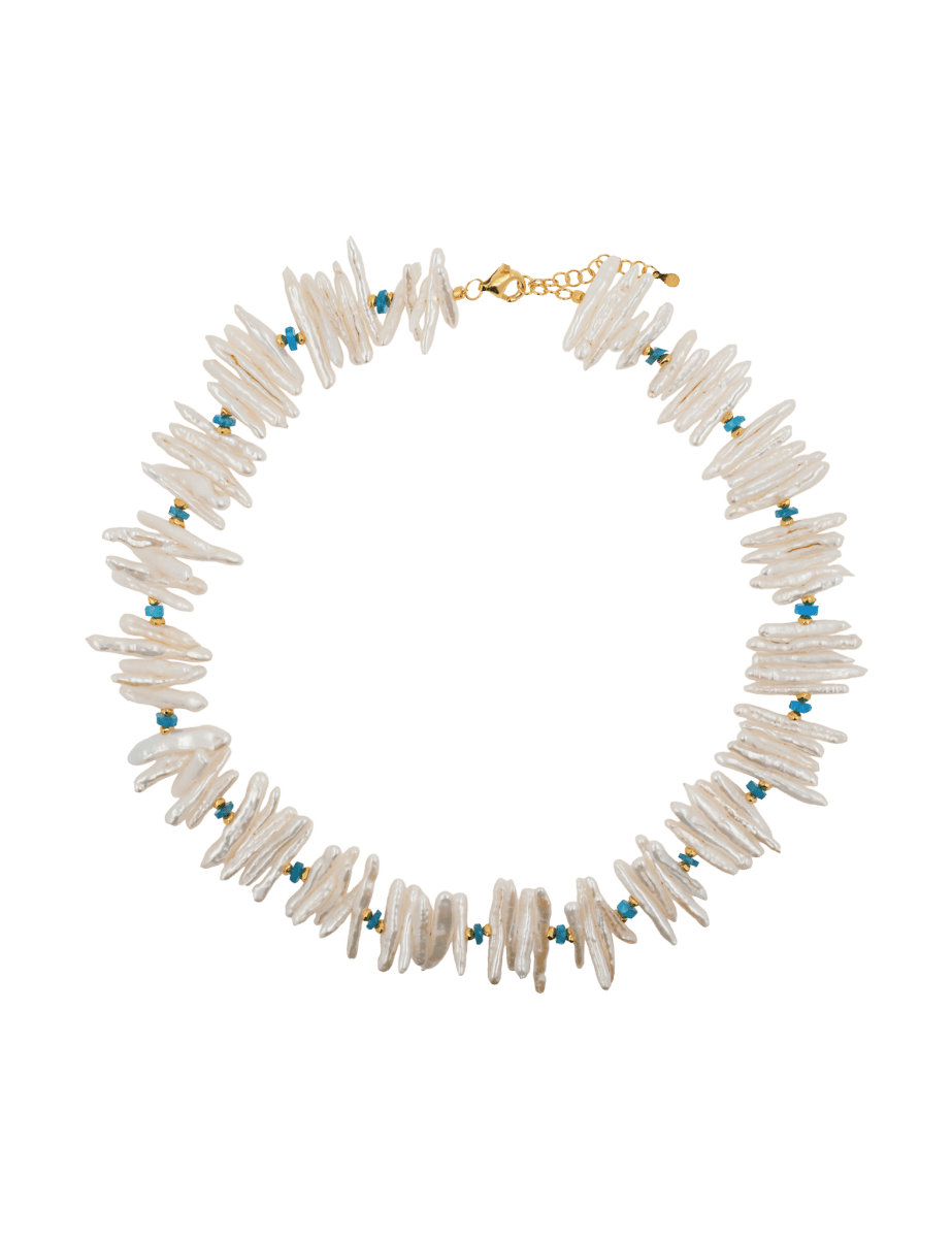 Elegant Biwa-style stick pearl necklace with gold-plated spacer beads, showcasing natural beauty and texture.