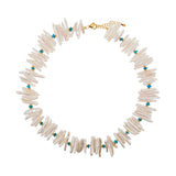 AURA DUO Blue Apatite Biwa-Style Stick Pearl Faceted Necklace with Spacer Beads 5mm