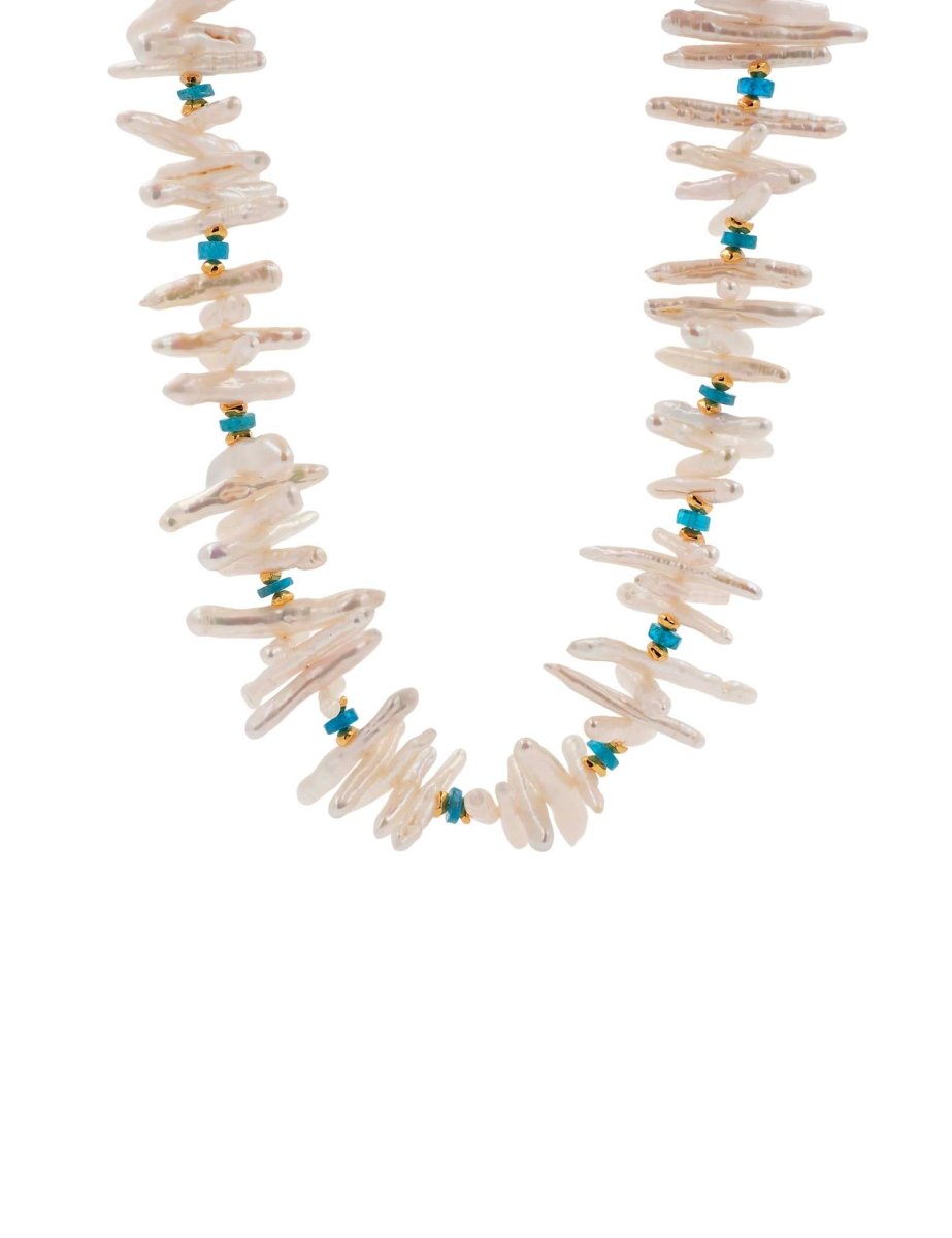 BEAMMORE Blue Apatite & Biwa Pearl Beaded Gold-Plated Sterling Silver Necklace – Beaded Gemstone Jewelry