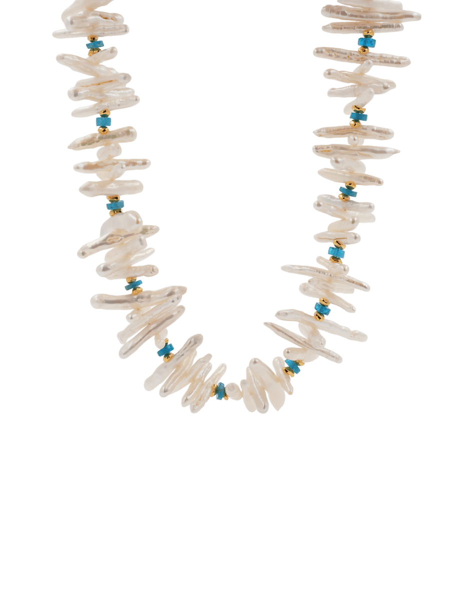 Biwa-style stick pearl necklace with blue apatite beads for a textured, elegant look.